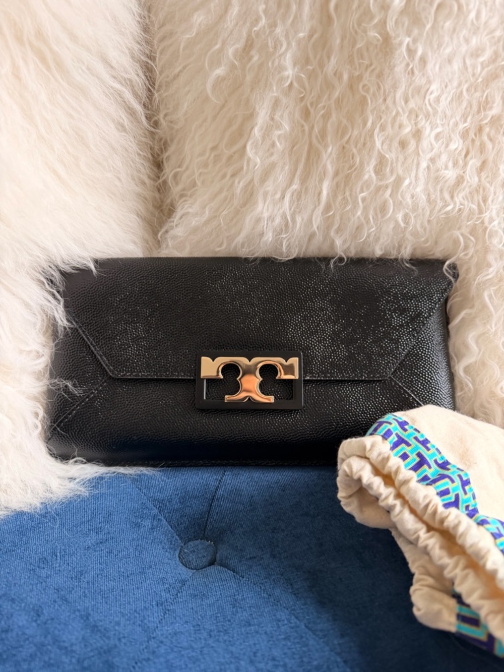 Tory Burch Black Leather Clutch with Gold Logo Turnlock
